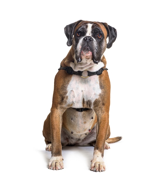 Premium Photo | Boxer dog sitting, isolated on white