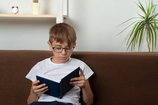 Premium Photo | Boy is sitting on couch and reading book. education of ...