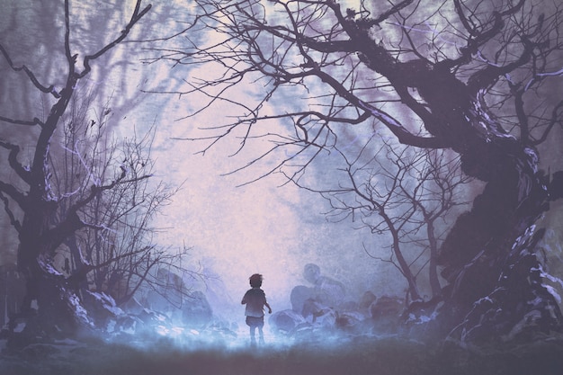 Boy Walking In Night Forest Photo 