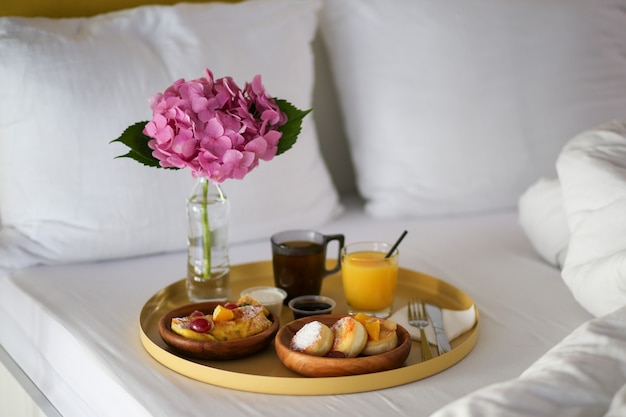 Premium Photo | Breakfast In The Hotel. Breakfast In Bed With A Flower ...