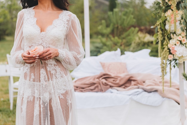 Bride getting ready before her wedding wearing lingerie | Premium Photo