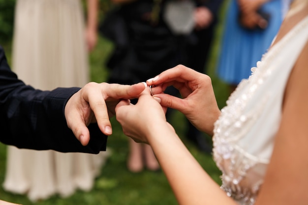 Bride Puts Wedding Ring Groom S Finger During Ceremony Park 8353 1466 