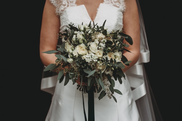 white wedding dress with black flowers