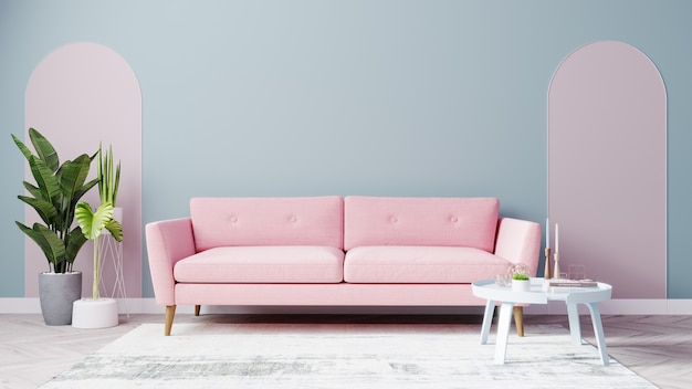 明るいリビングルームはピンクのソファと水色の壁でモックアップ プレミアム写真