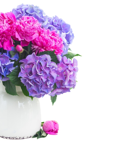 Premium Photo Bright Pink Peony Eustoma And Blue Hortensia Fresh Flowers Bunch In Vase Close Up Isolated On White