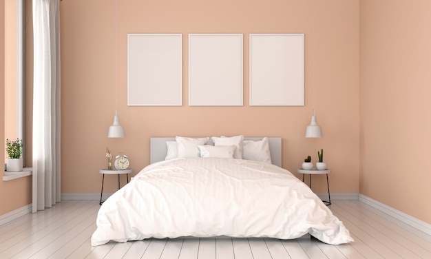 Brown bedroom interior and three empty photo frame for mockup Premium Photo