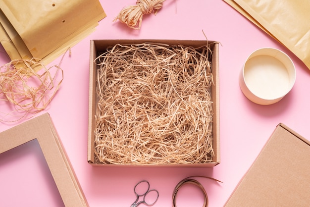 Download Premium Photo | Brown carton box, top view mock up on pink background