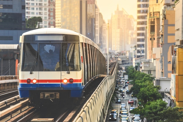 Premium Photo Bts Sky Train Is Running In Downtown Of Bangkok Sky