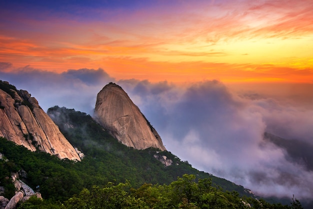 Bukhansan Mountains Is Covered By Morning Fog And Sunrise In Bukhansan National Park Seoul In South Korea