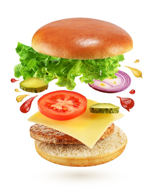 Premium Photo Burger With Flying Ingredients