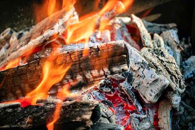 Premium Photo | Burning firewood and coals in the grill. close-up ...