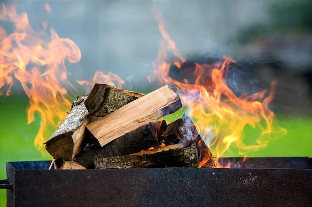 Premium Photo | Burning in metal box firewood for barbecue outdoor.