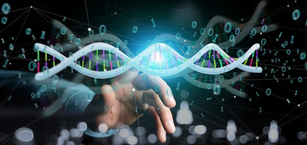 Businessman holding a 3d rendering data coded dna with binary file around Premium Photo
