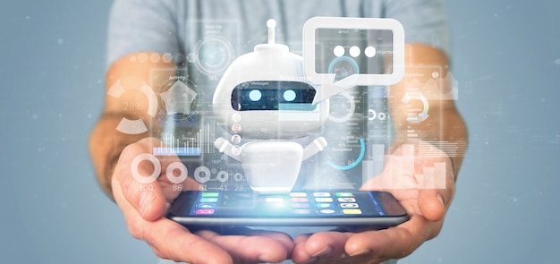 Businessman holding chatbot with binary code, message and data Premium Photo