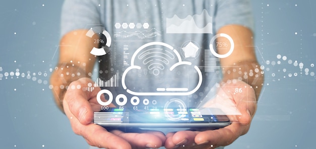 Businessman holding cloud and wifi Premium Photo