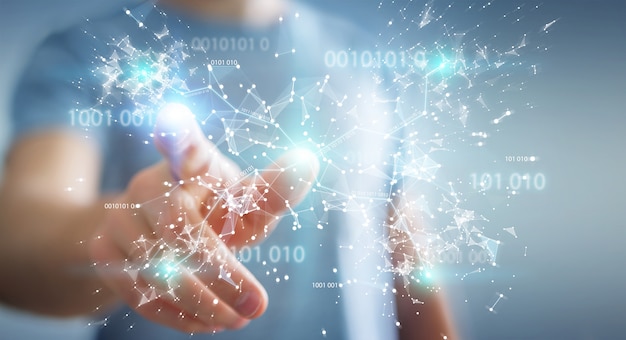 Businessman using digital binary code connection network Premium Photo