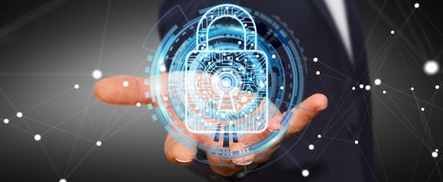 Businessman using digital padlock to secure his datas 3d rendering Premium Photo