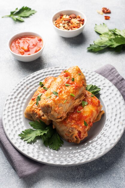 Cabbage rolls with beef, rice and vegetables on the plate. stuffed cabbage leaves with meat. gray concrete table Premium Photo