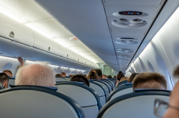 Premium Photo | In the cabin of aircraft. passengers in the cabin of ...