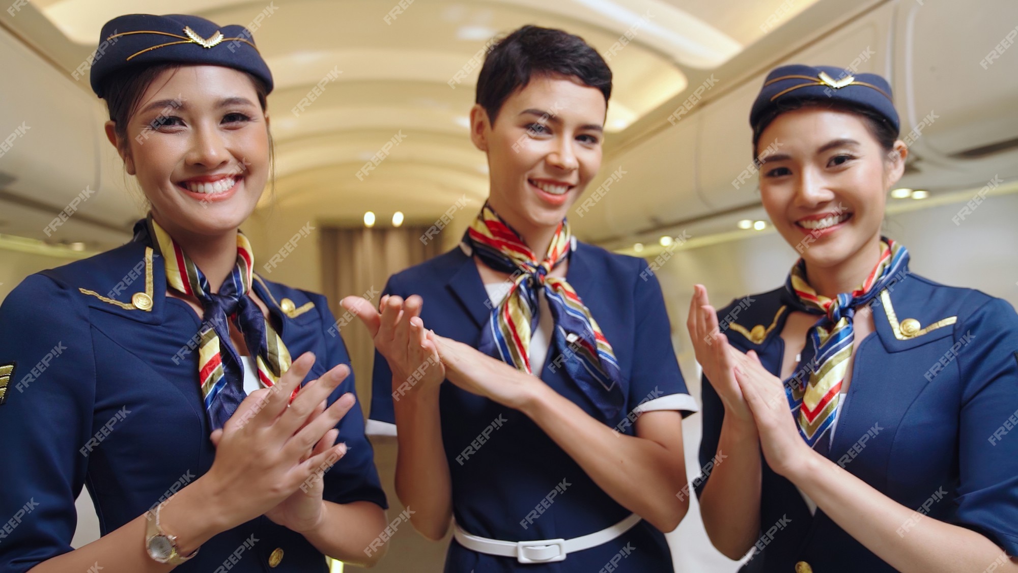 Premium Photo | Cabin crew clapping hands in airplane . airline ...