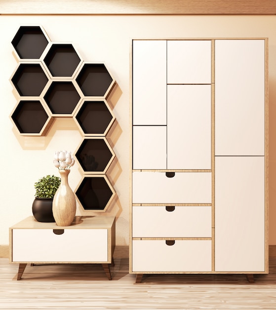 Premium Photo Cabinet Wood And Hexagon Shelf On Wall In Room Minimal 3d Rendering