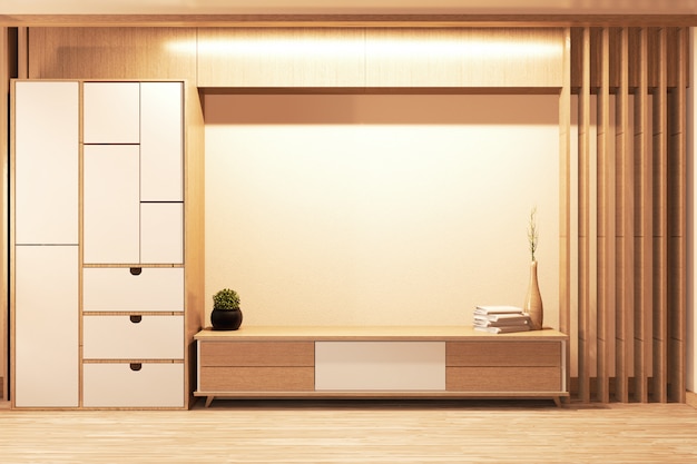 Cabinet Wood Japanese Style On Living Room Minimal White Wall 3d
