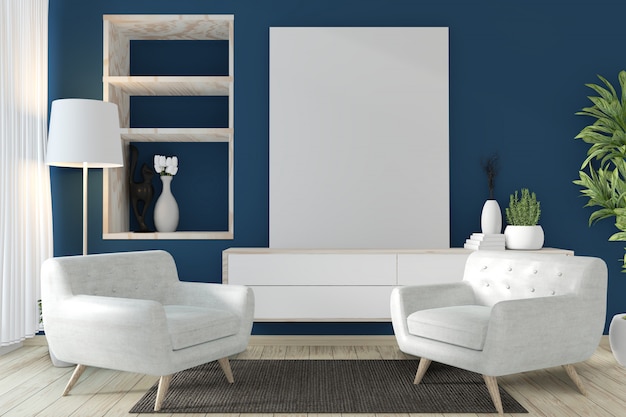 Cabinet Zen Style On Modern Dark Blue Room And Decoration 3d