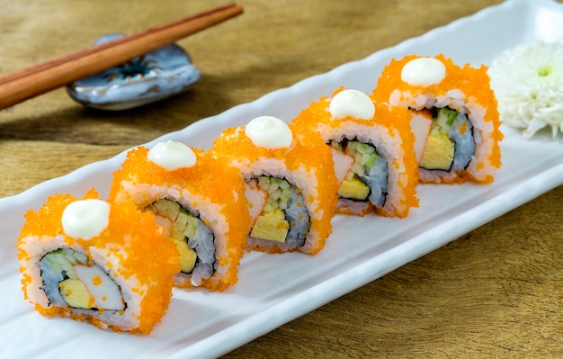 Premium Photo California Maki Sushi On Wooden Table Japanese Food