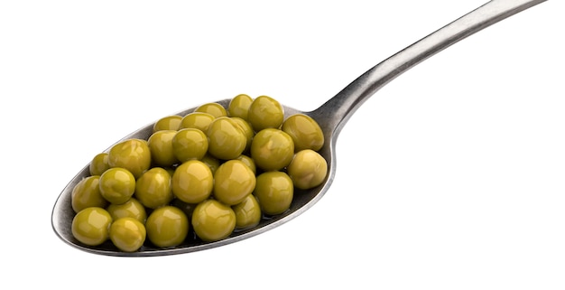  Canned peas in spoon isolated on white