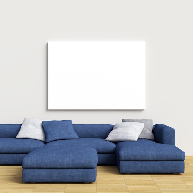 Download Premium Photo Canvas Mockup On White Interior Wall With Blue Sofa PSD Mockup Templates