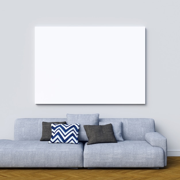 Download Premium Photo Canvas Mockup On White Interior Wall With Blueish Sofa Yellowimages Mockups