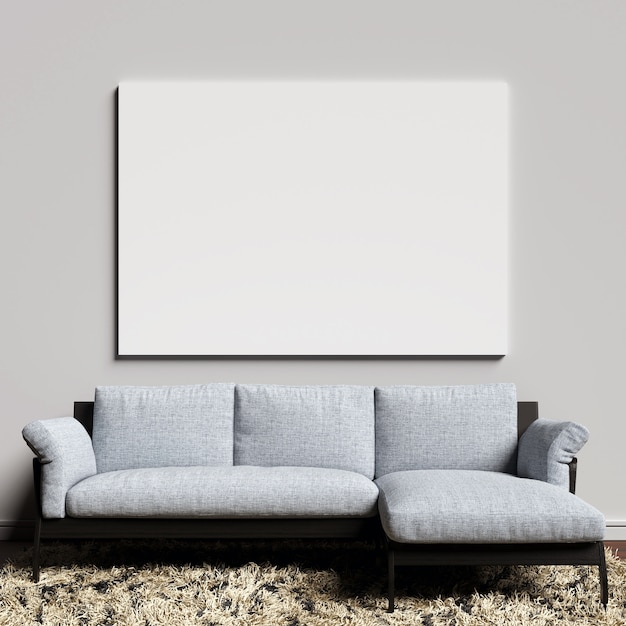 Download Canvas mockup on white interior wall with blueish sofa ...