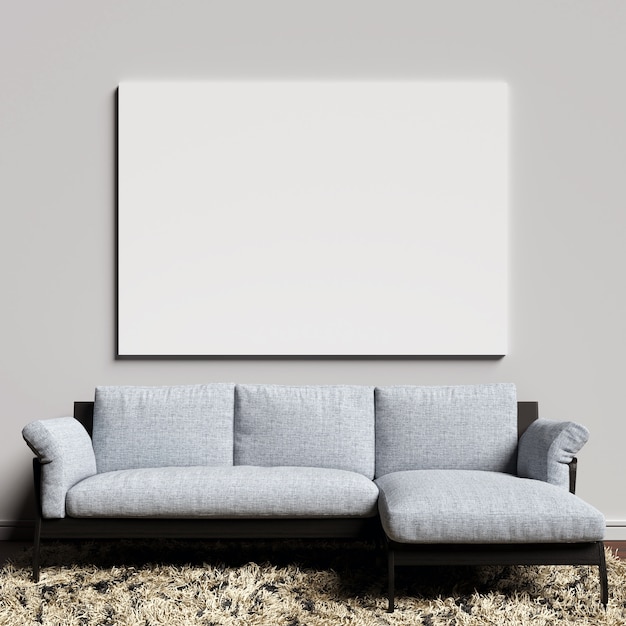 Download Premium Photo Canvas Mockup On White Interior Wall With Blueish Sofa PSD Mockup Templates