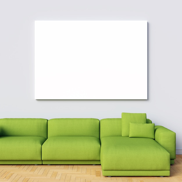 Download Premium Photo Canvas Mockup On White Interior Wall With Green Sofa PSD Mockup Templates