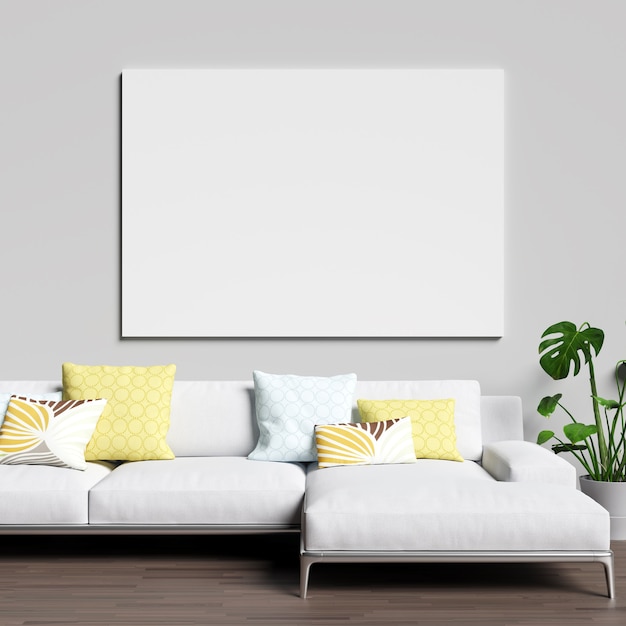 Download Premium Photo Canvas Mockup On White Interior Wall With White Sofa And Plant PSD Mockup Templates