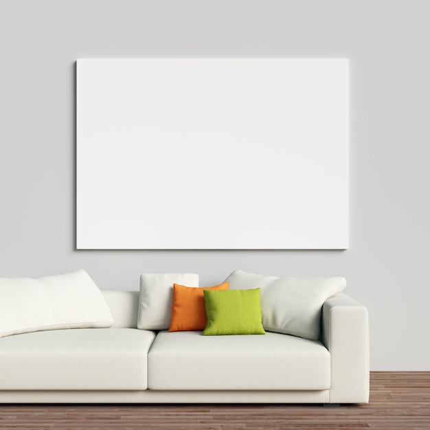 Download Premium Photo Canvas Mockup On White Interior Wall With White Sofa PSD Mockup Templates