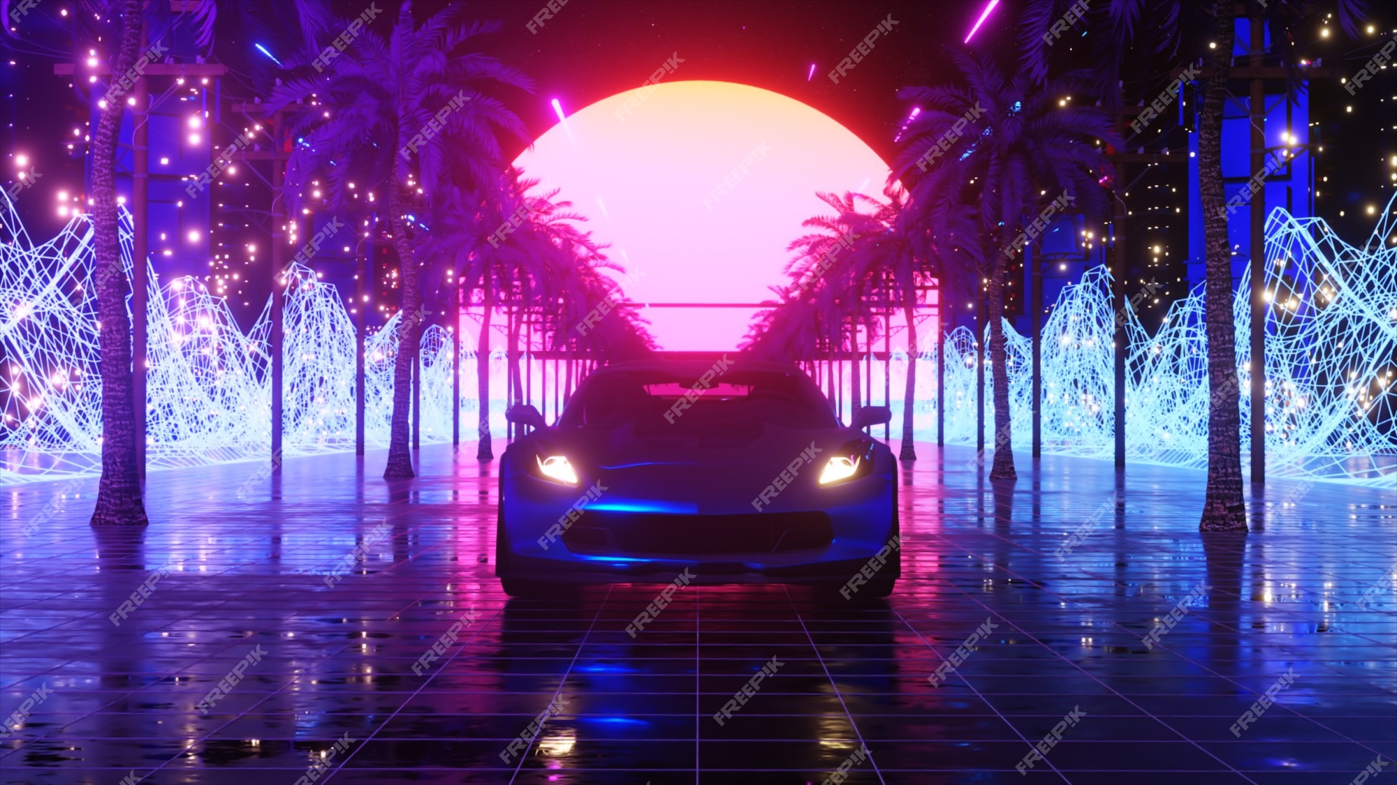 Premium Photo | Car and city in neon style. 80s retro wave background ...