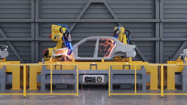 スポット溶接ロボットを備えた自動車工場のスライドコンベア上の車のフレーム 3dレンダリング プレミアム写真