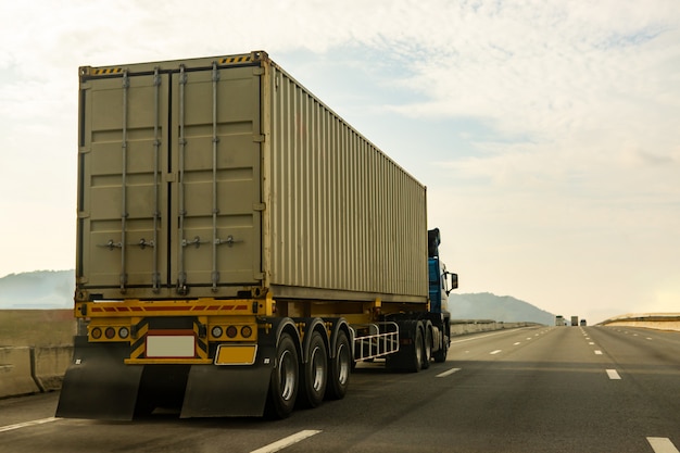  Cargo truck on highway road with container, logistic industrial transporting land transport