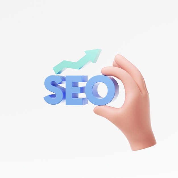 Cartoon hand hold seo logo for search engine optimization and internet marketing on white background 3d render illustration Premium Photo