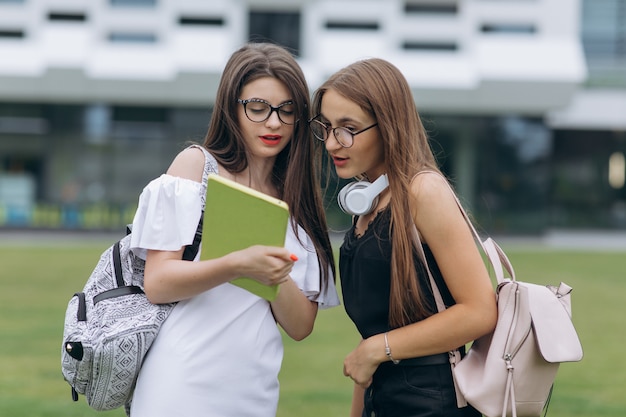 Premium Photo | Casual style students walk along university modern  building, have a pleasant talk. two teen girls talking together in the  campus. two female college students while standing outdoors big urban