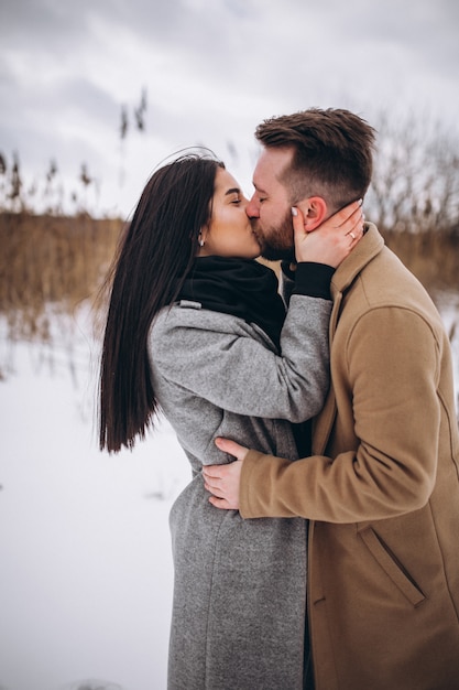 冬の公園でキスカップル 無料の写真