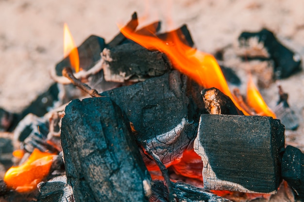 Premium Photo | Charcoal briquettes firing up for the grill. fire coals ...