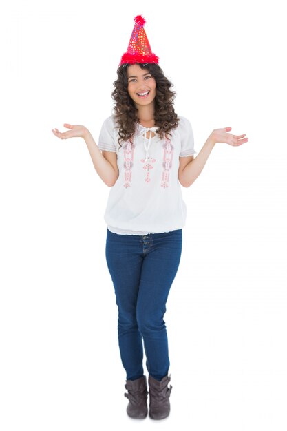 Premium Photo Cheerful Casual Brunette With Party Hat Posing 6512