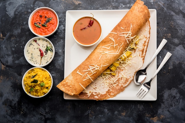 Premium Photo | Cheese masala dosa recipe with sambar and chutney ...