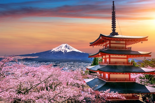 Free Photo | Cherry Blossoms In Spring, Chureito Pagoda And Fuji ...