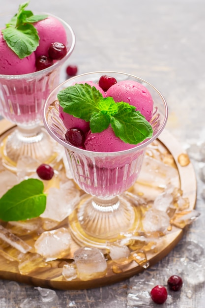 Premium Photo Cherry Ice Cream Mint Leaves Berries And Ice