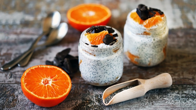 Chia pudding with chocolate and fruit. healthy breakfast or snack. keto diet. keto dessert ...