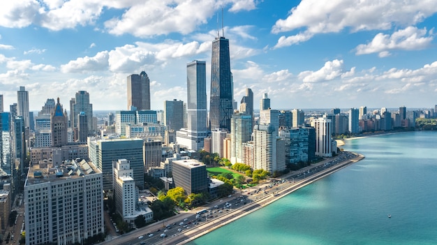 Premium Photo | Chicago skyline aerial drone view from above, city of  chicago downtown skyscrapers and lake michigan cityscape, illinois, usa