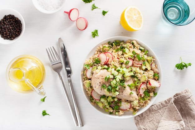 Premium Photo Chicken Breast With Couscous Cucumber Avocado Spring Onion Radish Healthy Lunch